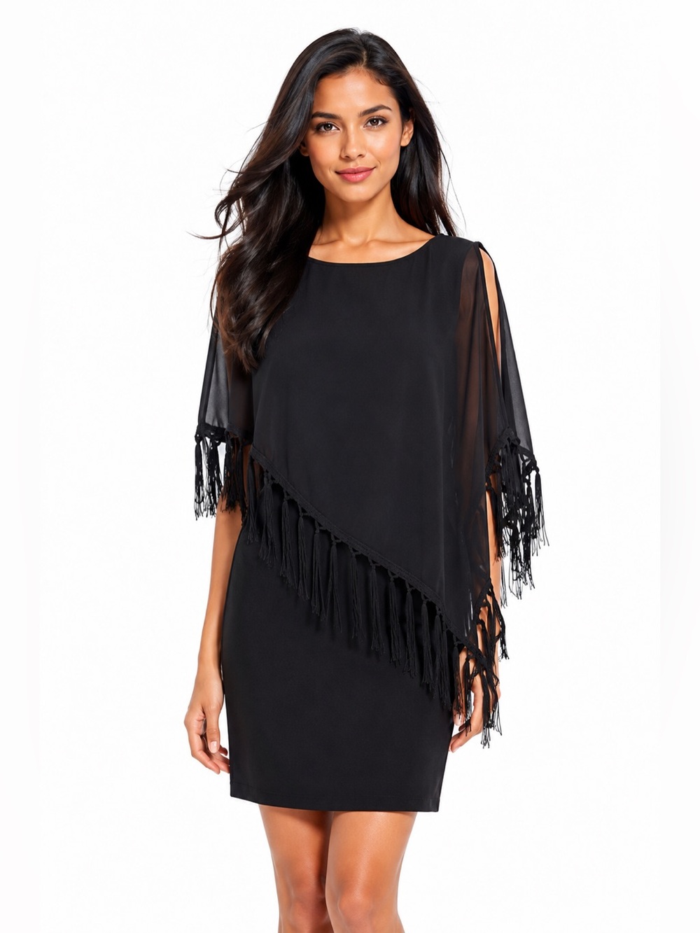 XSCAPE NWT Black Fringe Overlay Cocktail Dress Sheath Evening Women Size 10P